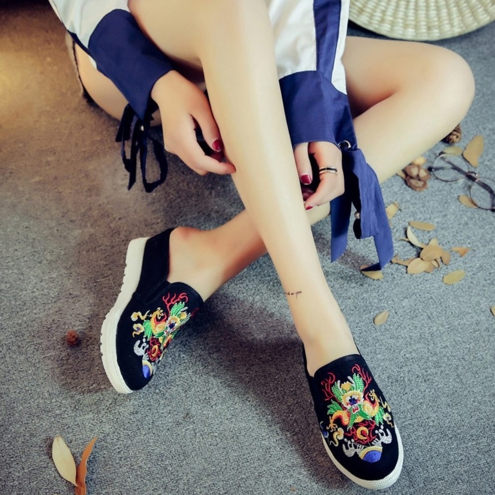 Women's Shoes Mules Platform Black Chinese Dragon